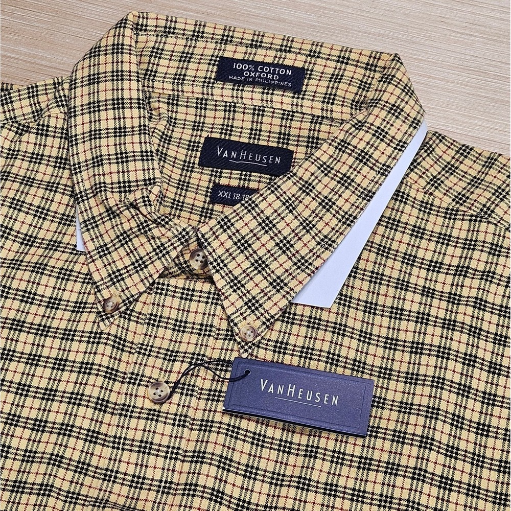 Van Heusen Oxford Button Down Mens XXL Yellow Plaid Long Sleeve Dress Shirt NEW